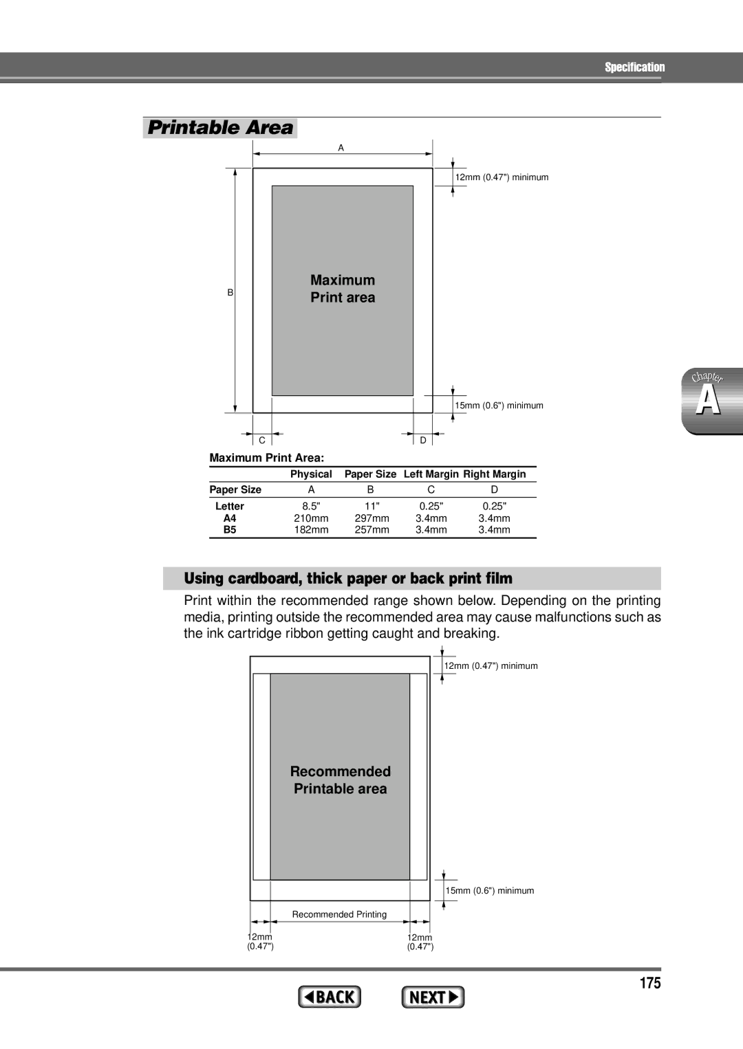 Alps Electric MD-1300 manual Printable Area, Using cardboard, thick paper or back print film, 175, Maximum Print area 