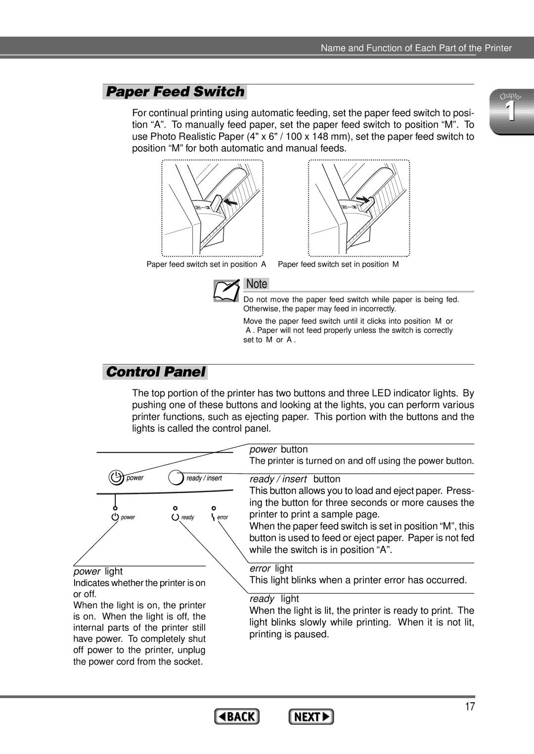 Alps Electric MD-1300 manual Paper Feed Switch, Control Panel 