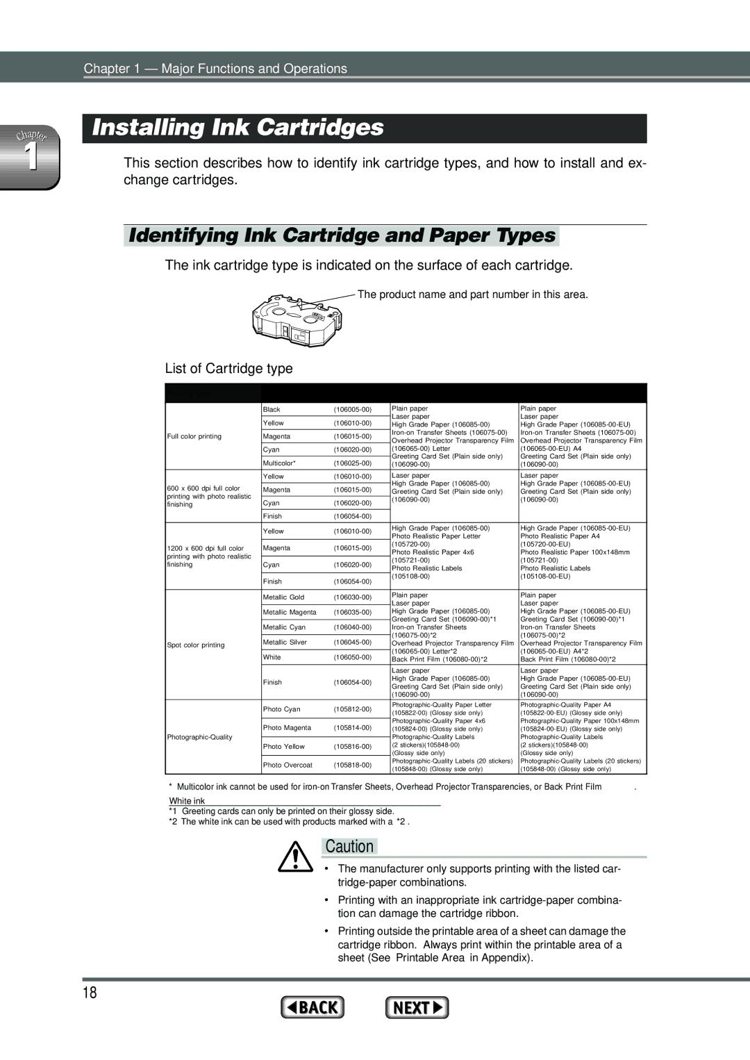 Alps Electric MD-1300 manual Installing Ink Cartridges, Identifying Ink Cartridge and Paper Types 