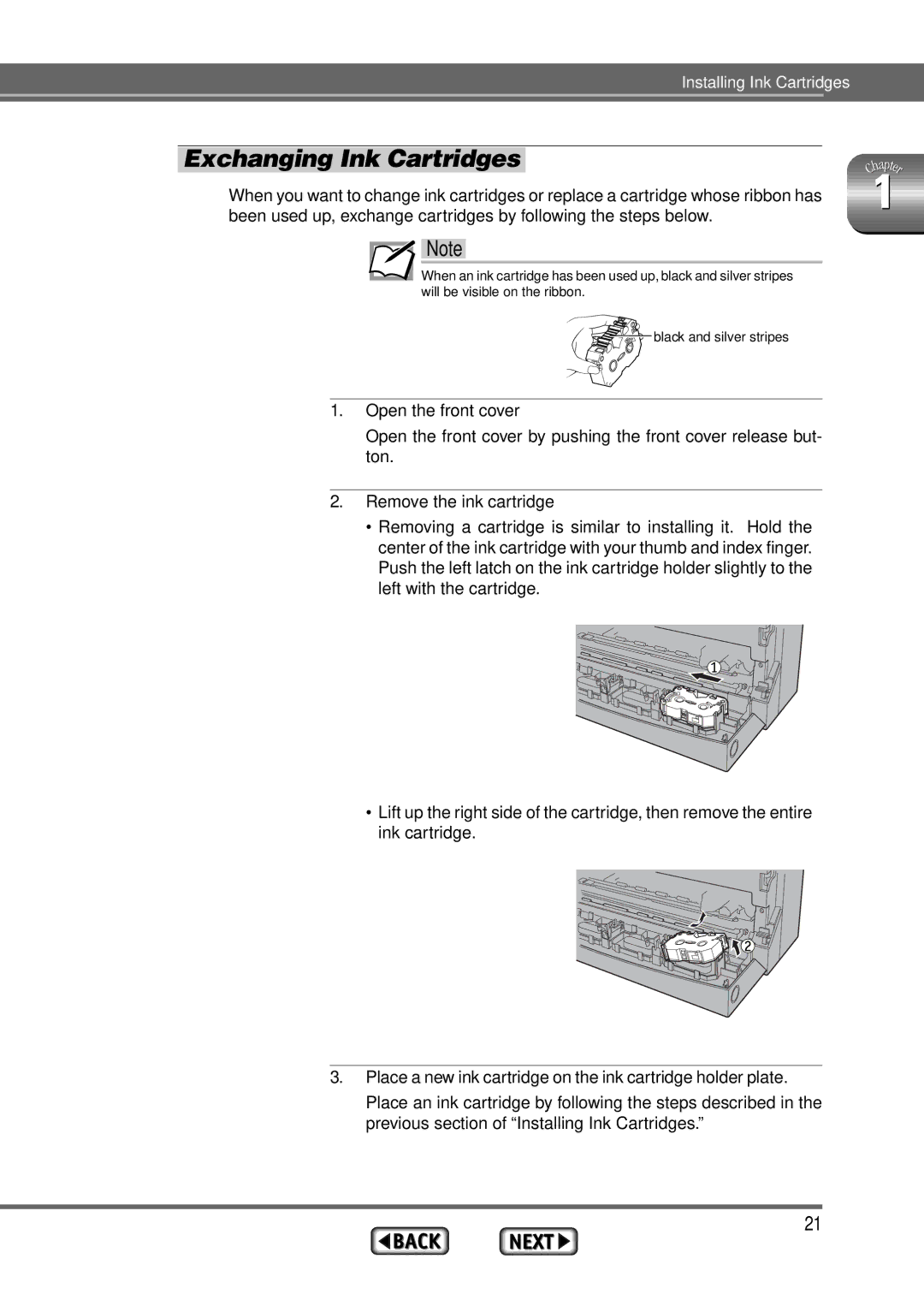 Alps Electric MD-1300 manual Exchanging Ink Cartridges, Remove the ink cartridge 