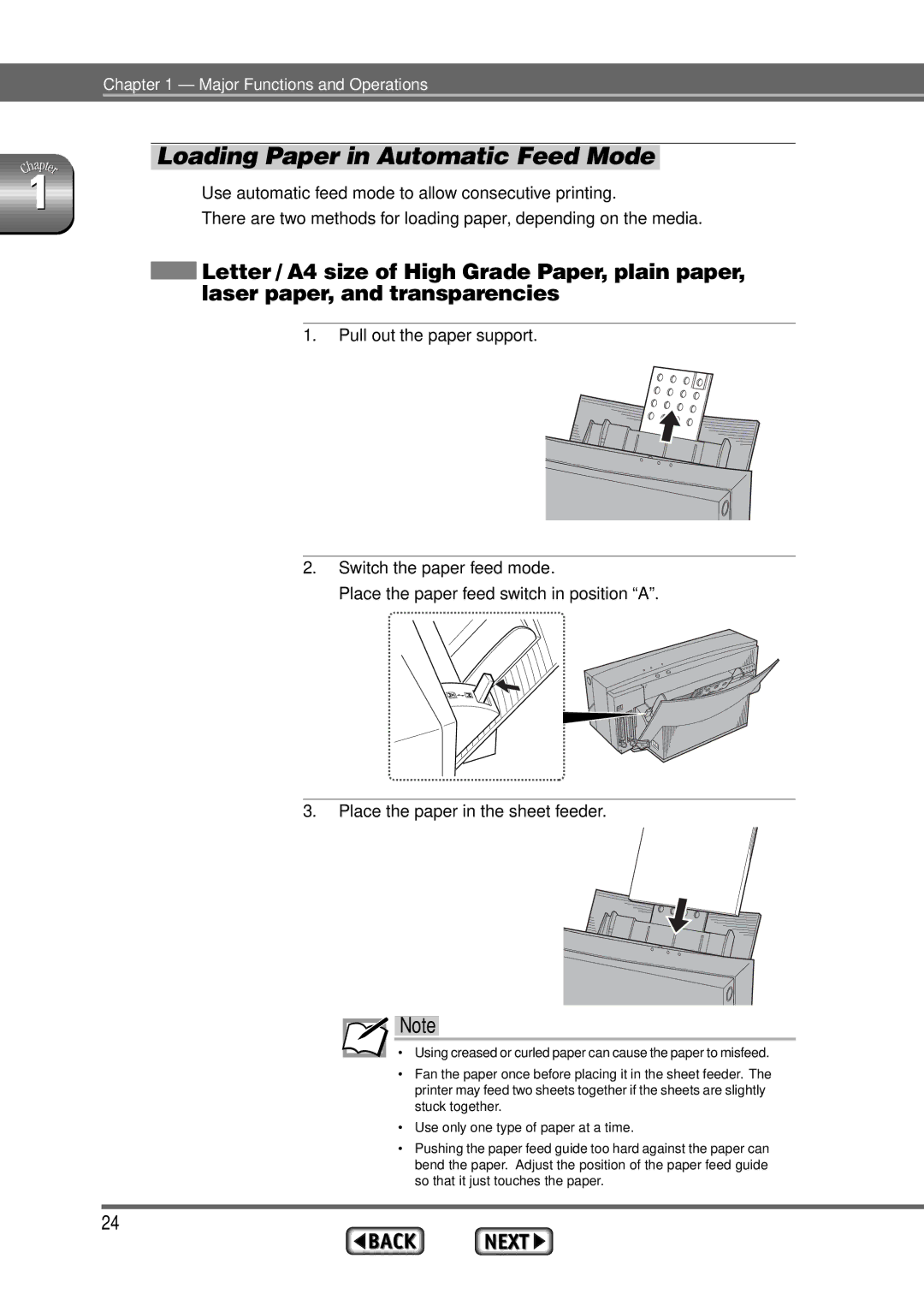 Alps Electric MD-1300 manual Loading Paper in Automatic Feed Mode, Pull out the paper support Switch the paper feed mode 