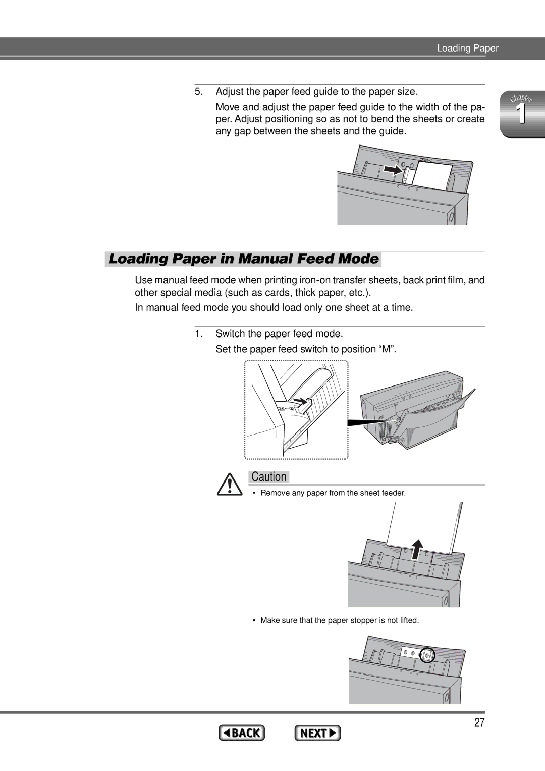 Alps Electric MD-1300 manual Loading Paper in Manual Feed Mode, Set the paper feed switch to position M 