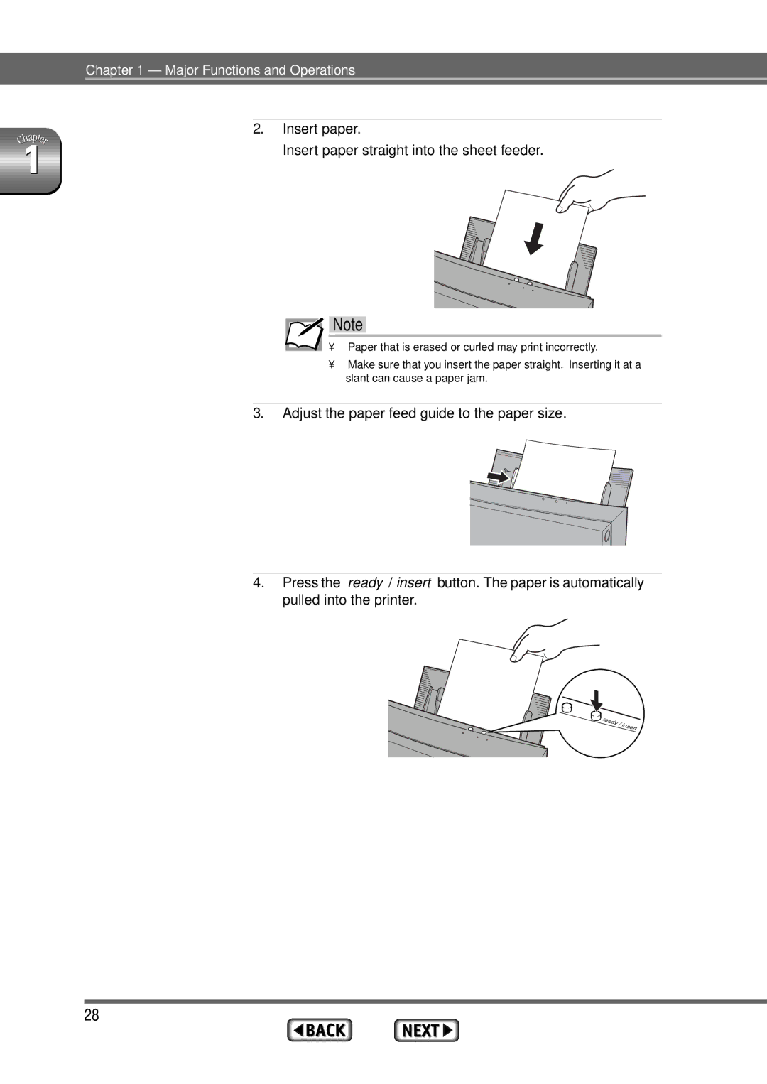 Alps Electric MD-1300 manual Insert paper straight into the sheet feeder 