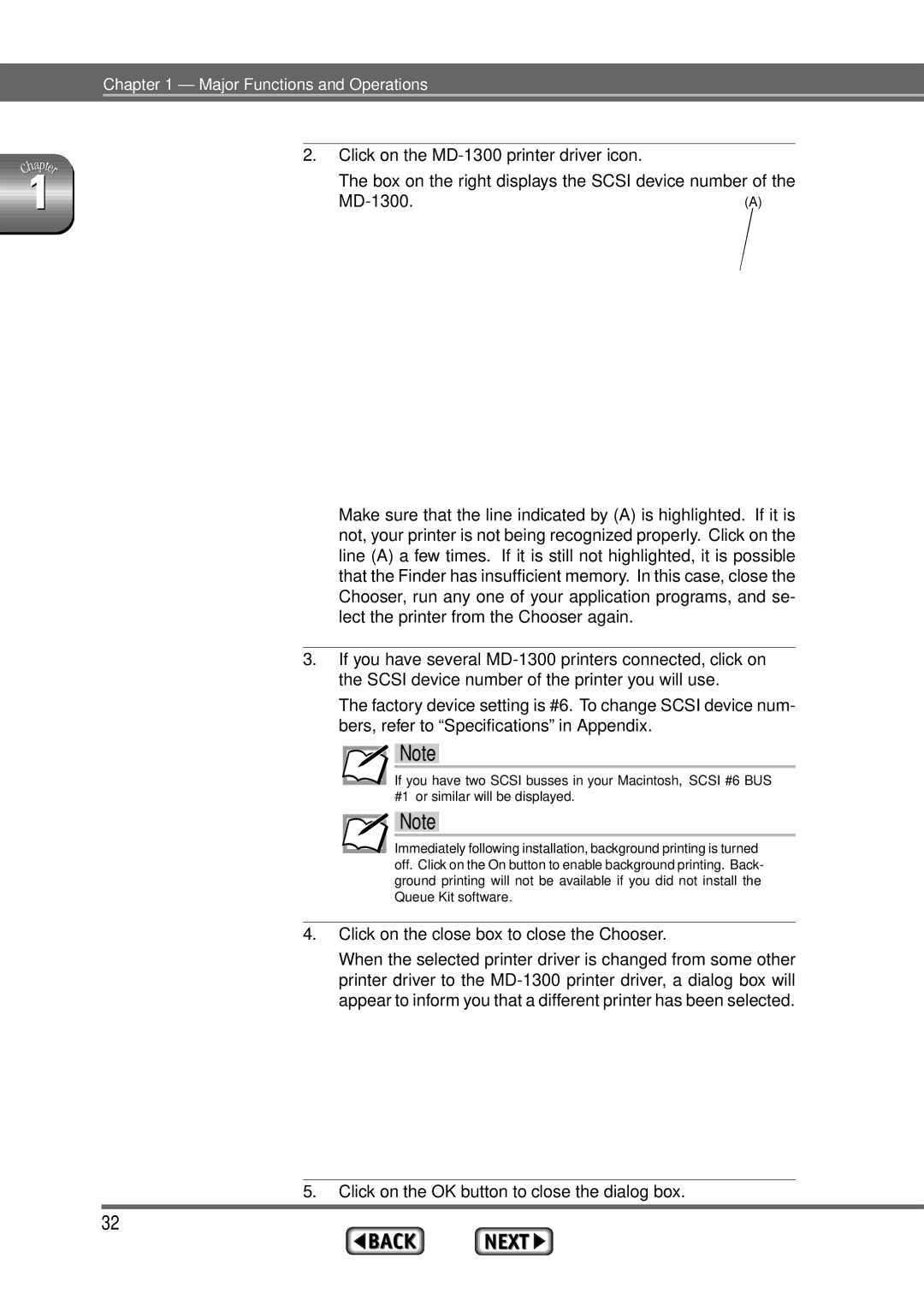 Alps Electric manual Click on the MD-1300 printer driver icon, Click on the close box to close the Chooser 