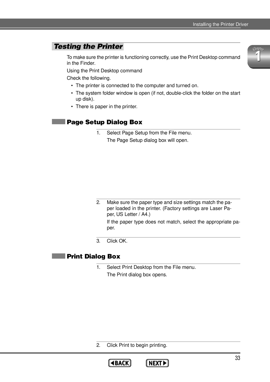 Alps Electric MD-1300 Testing the Printer, Setup Dialog Box, Print Dialog Box, Using the Print Desktop command, Click OK 