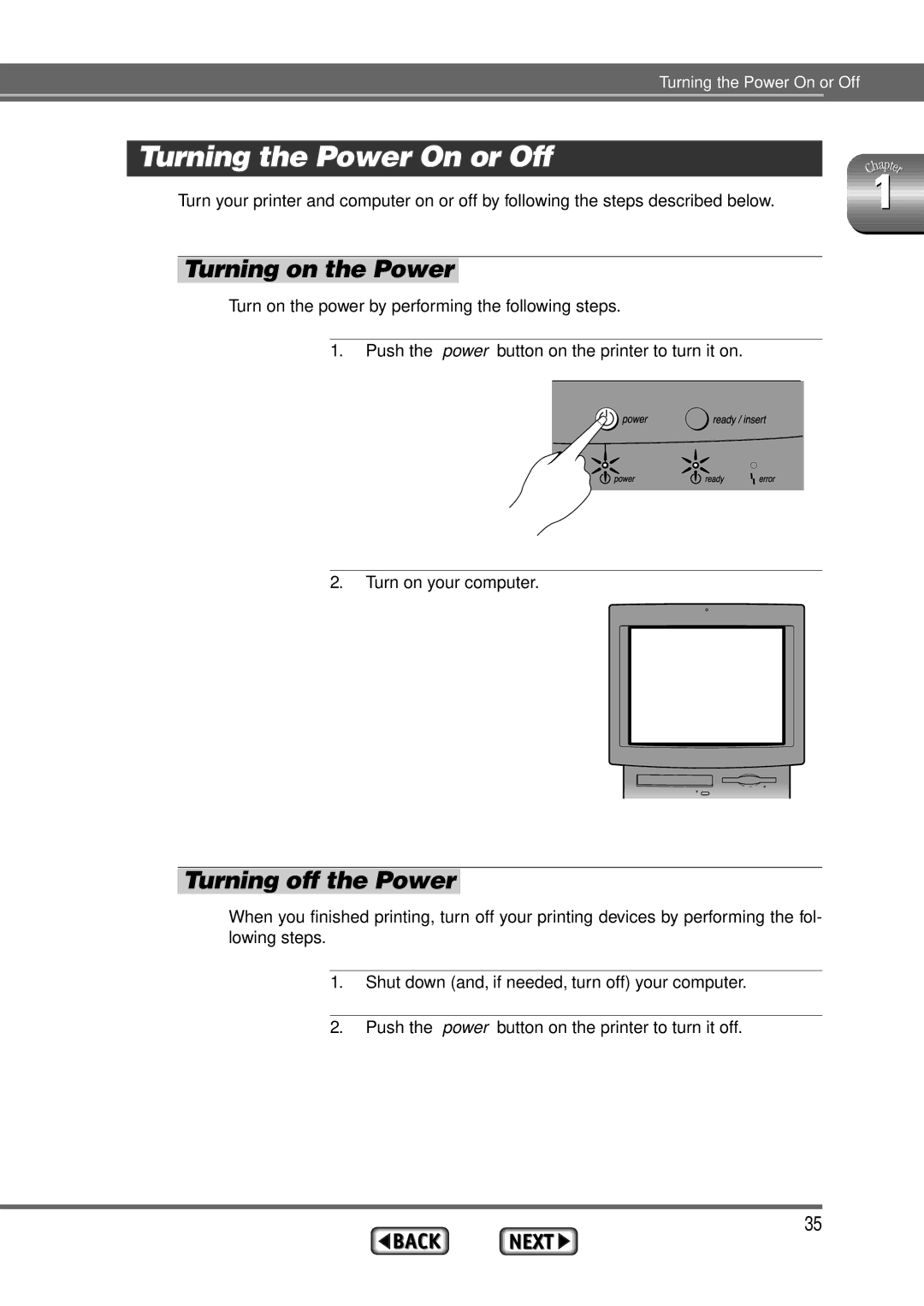 Alps Electric MD-1300 manual Turning the Power On or Off, Turning on the Power, Turning off the Power 