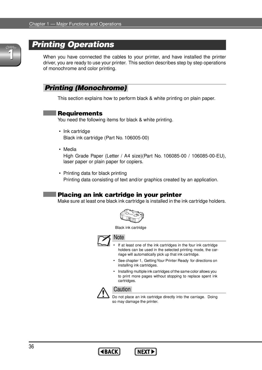 Alps Electric MD-1300 Printing Operations, Printing Monochrome, Requirements, Placing an ink cartridge in your printer 