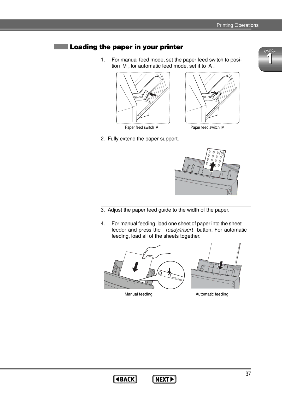 Alps Electric MD-1300 manual Loading the paper in your printer 