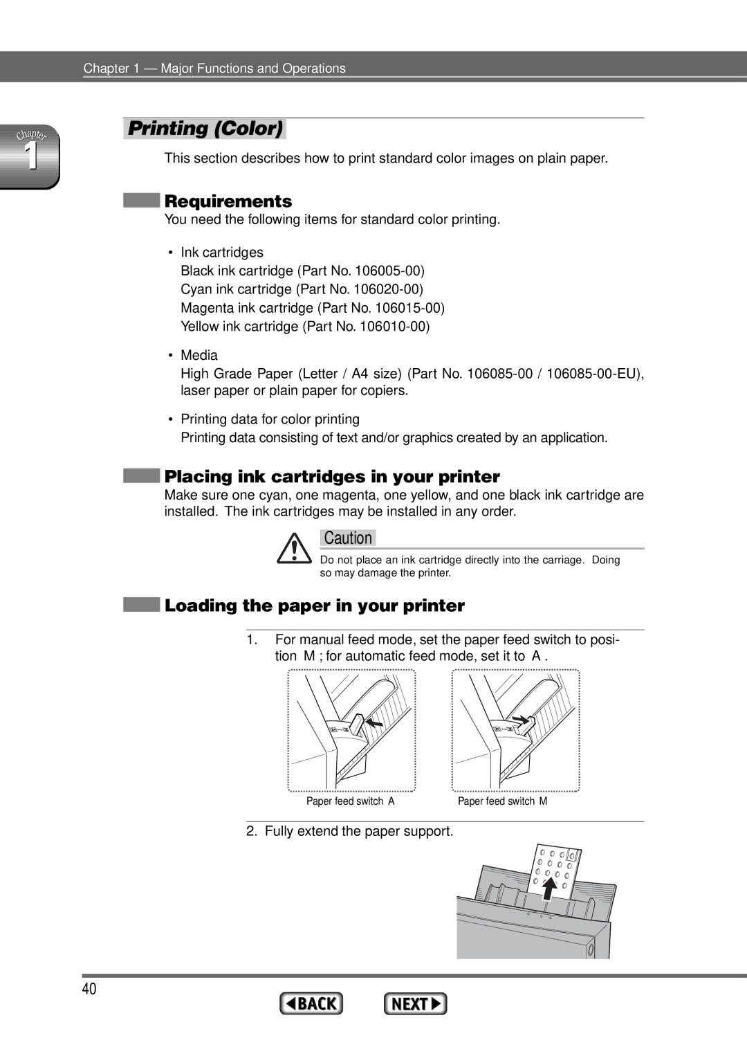 Alps Electric MD-1300 manual Printing Color, Placing ink cartridges in your printer, ∙ Ink cartridges 