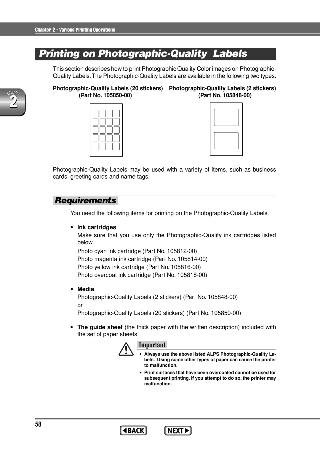 Alps Electric MD-1300 manual Printing on Photographic-Quality Labels, Requirements 