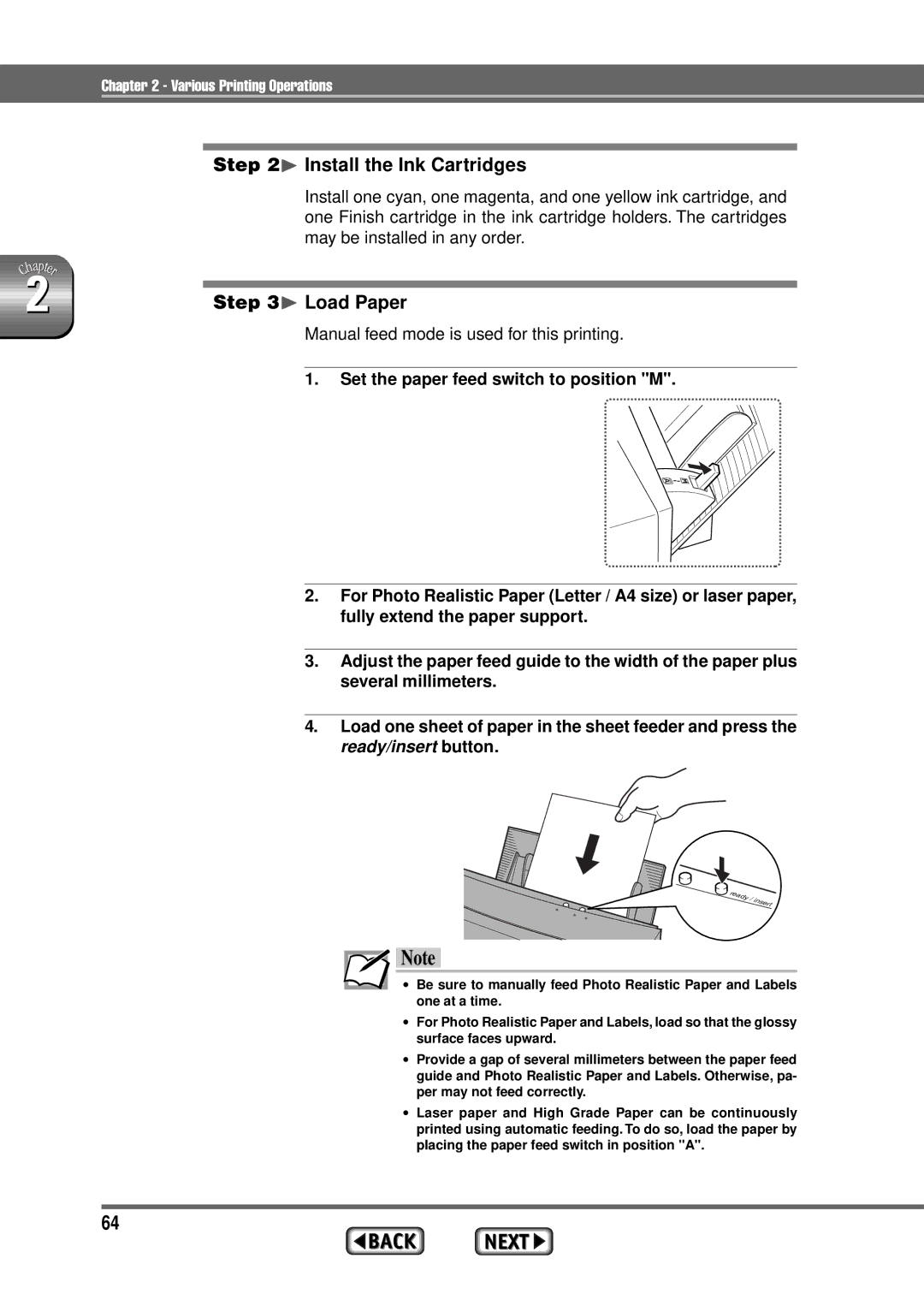 Alps Electric MD-1300 manual ¨ Install the Ink Cartridges, ¨ Load Paper 