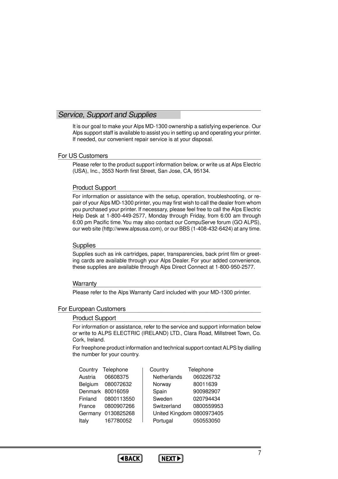 Alps Electric MD-1300 manual Service, Support and Supplies, For US Customers, Product Support Supplies, Warranty 