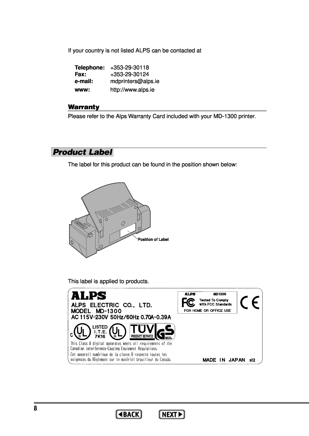 Alps Electric MD-1300 manual Product Label, Warranty, Position of Label 