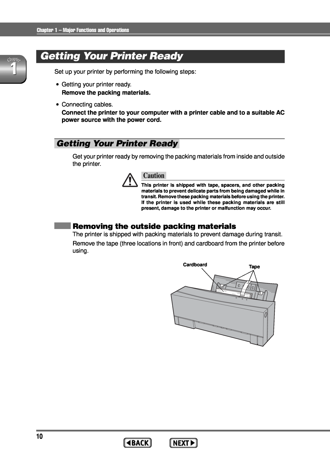 Alps Electric MD-1300 manual Getting Your Printer Ready, Removing the outside packing materials 