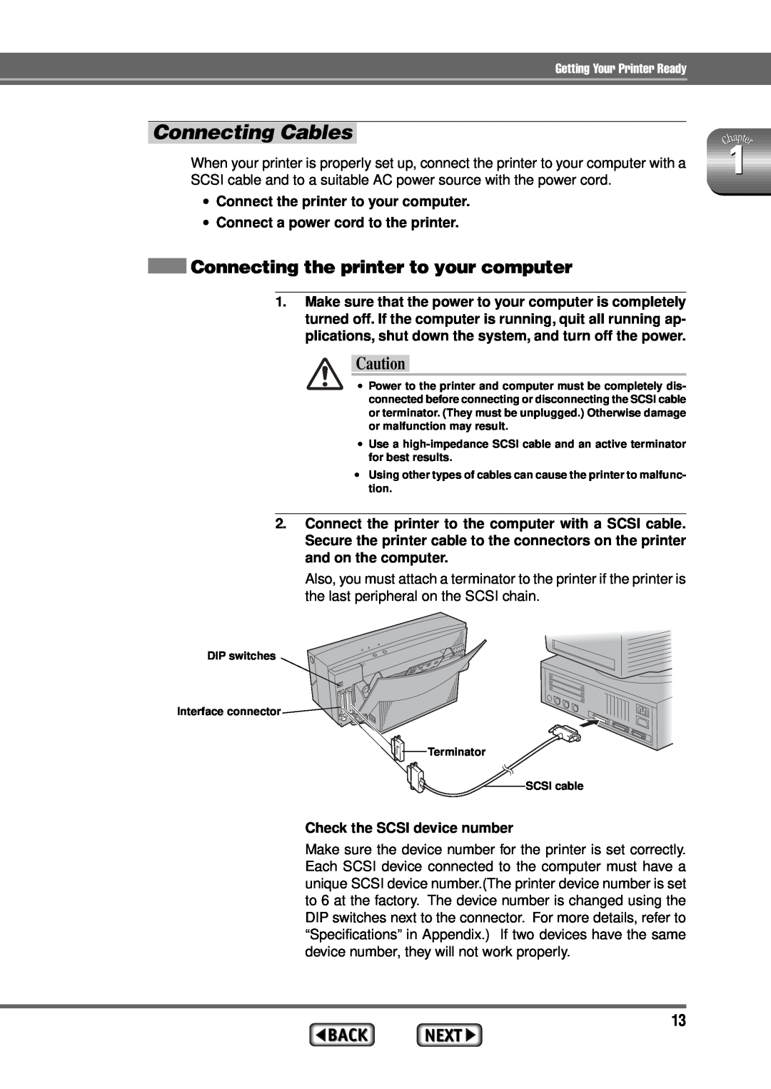 Alps Electric MD-1300 manual Connecting Cables, Connecting the printer to your computer 