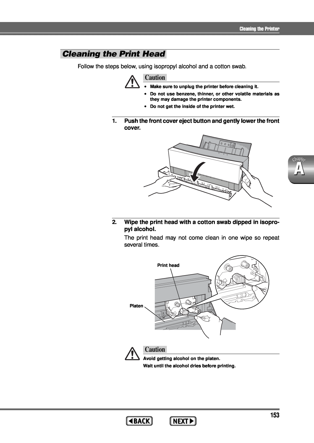 Alps Electric MD-1300 manual Cleaning the Print Head, Push the front cover eject button and gently lower the front cover 