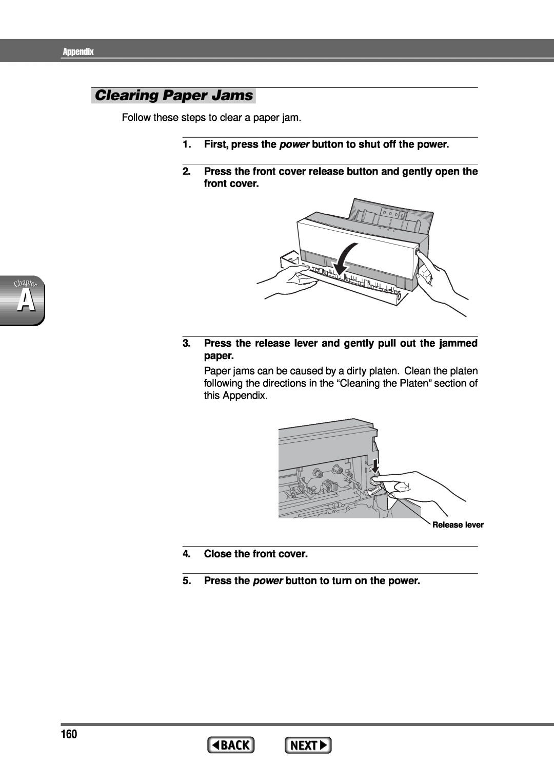 Alps Electric MD-1300 manual Clearing Paper Jams, Follow these steps to clear a paper jam 