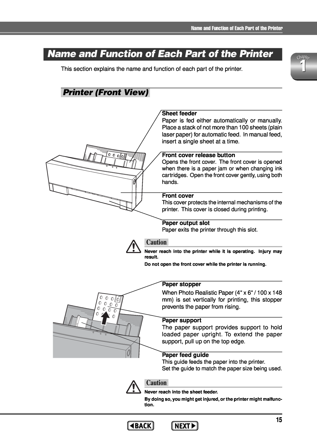 Alps Electric MD-1300 manual Name and Function of Each Part of the Printer, Printer Front View 