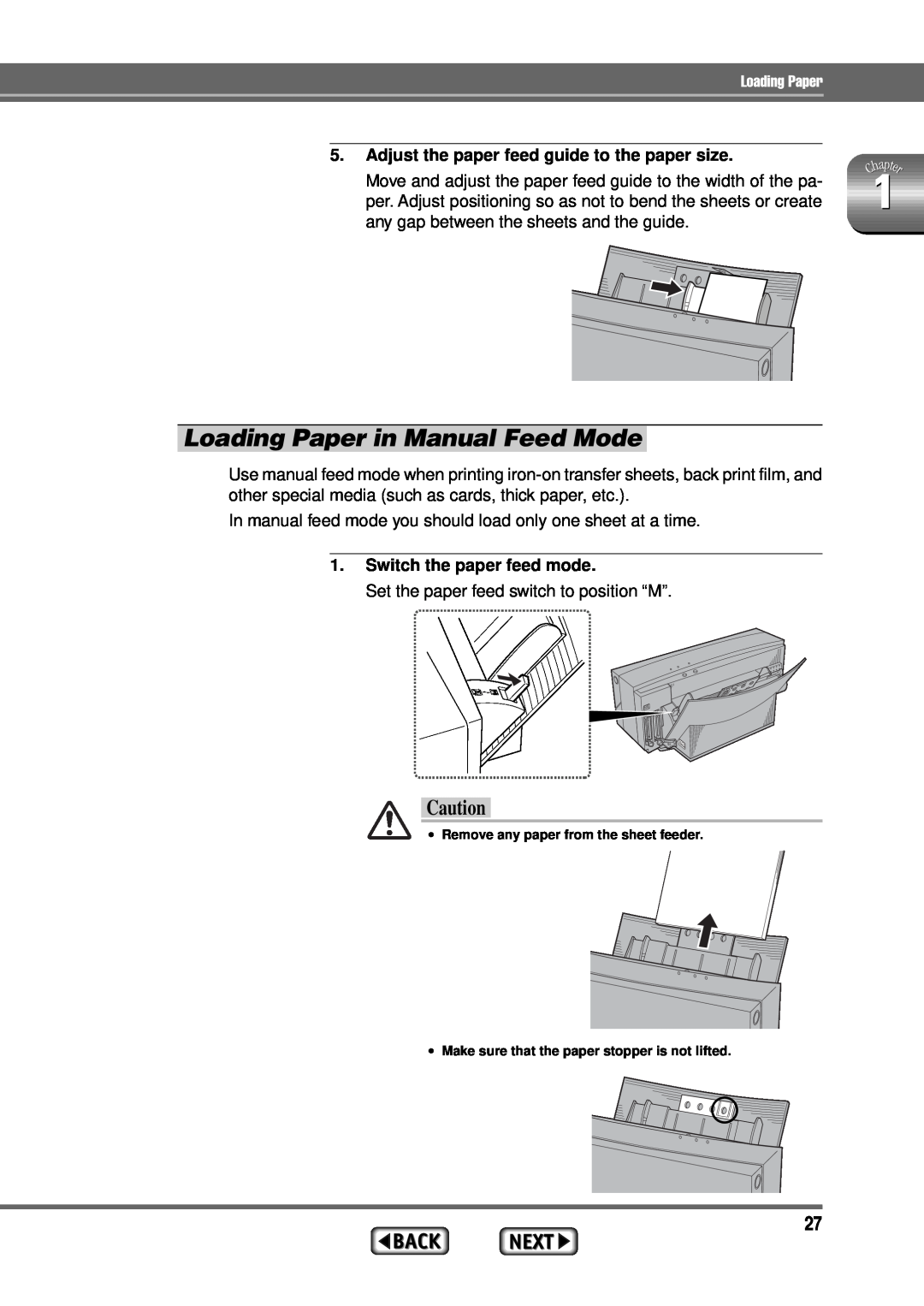 Alps Electric MD-1300 manual Loading Paper in Manual Feed Mode, Adjust the paper feed guide to the paper size 