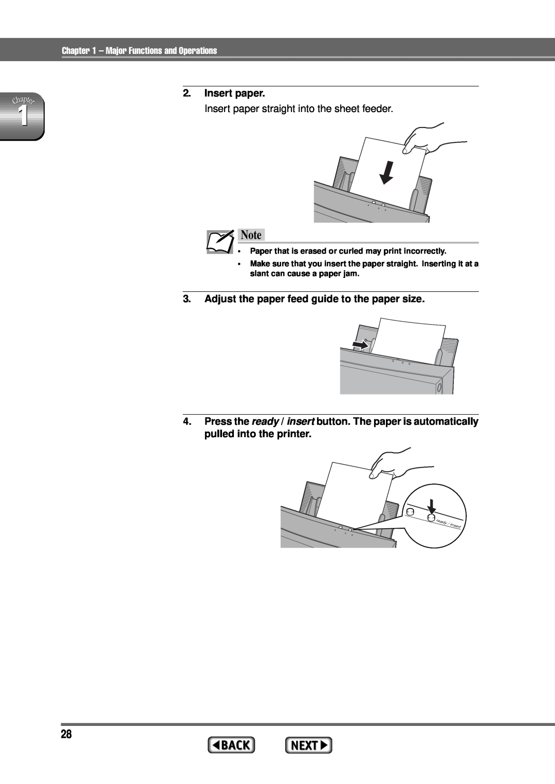 Alps Electric MD-1300 manual Insert paper straight into the sheet feeder, Adjust the paper feed guide to the paper size 