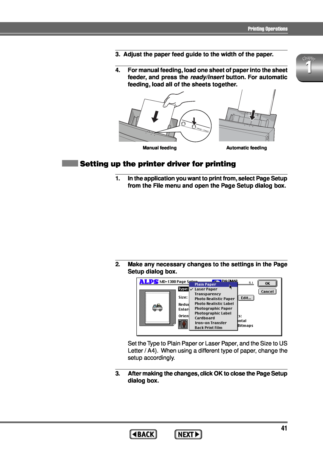Alps Electric MD-1300 manual Setting up the printer driver for printing 
