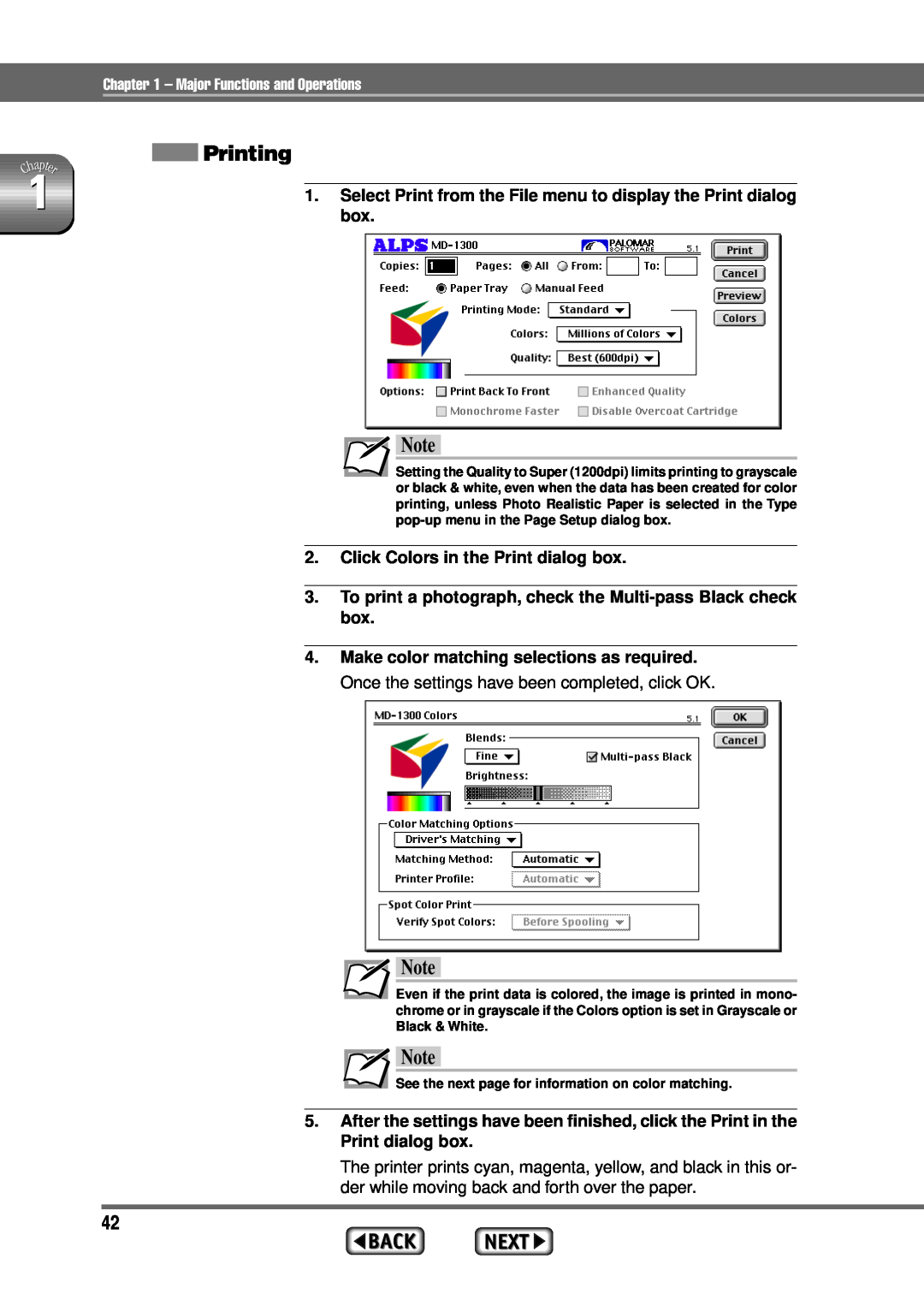 Alps Electric MD-1300 manual Printing, Select Print from the File menu to display the Print dialog box 
