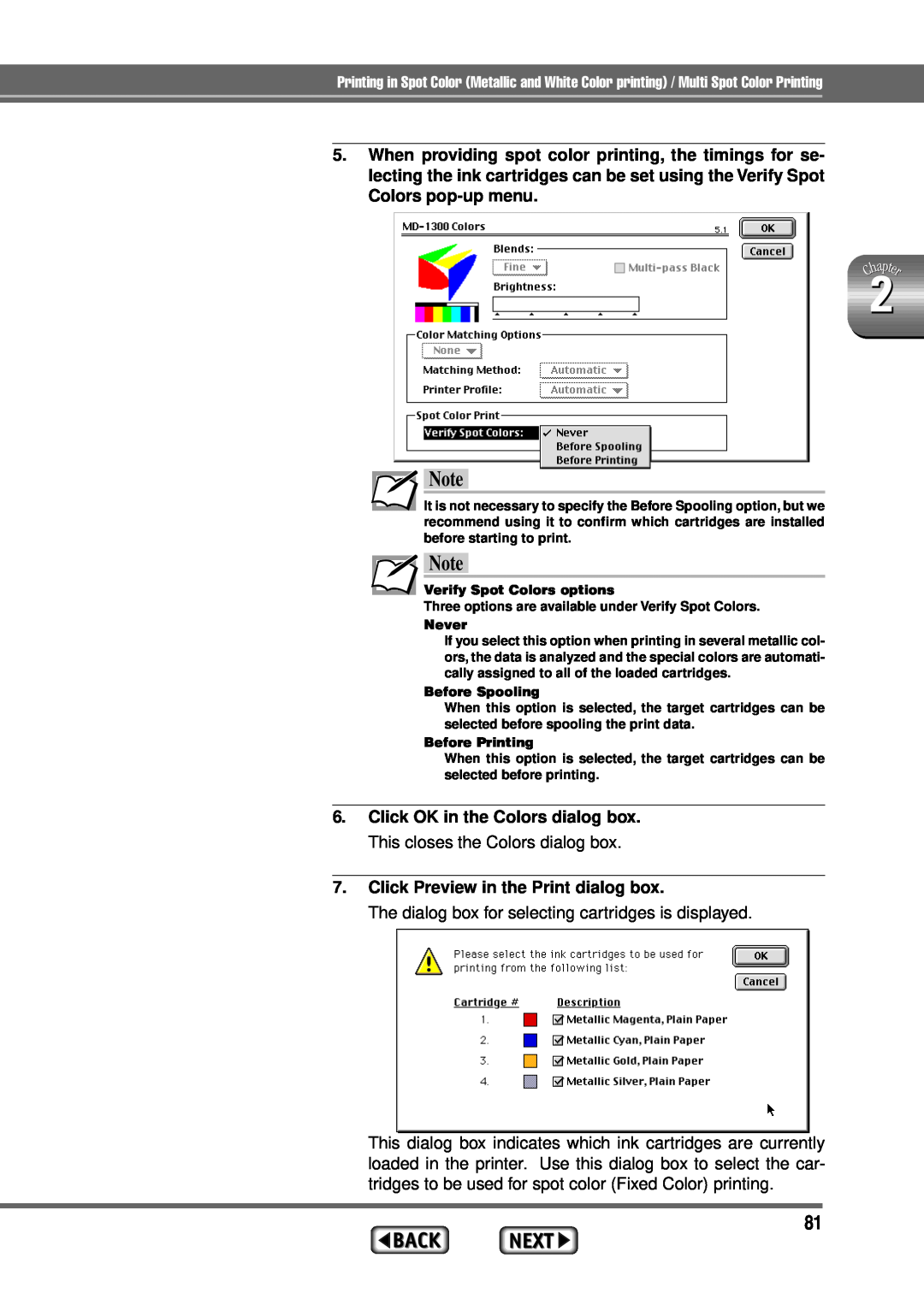 Alps Electric MD-1300 manual Click Preview in the Print dialog box, The dialog box for selecting cartridges is displayed 