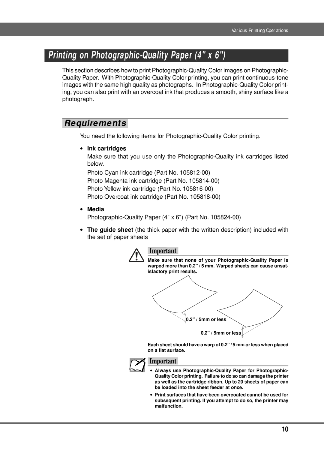 Alps Electric MD-5000P manual Printing on Photographic-Quality Paper 4 x, ∙ Ink cartridges 