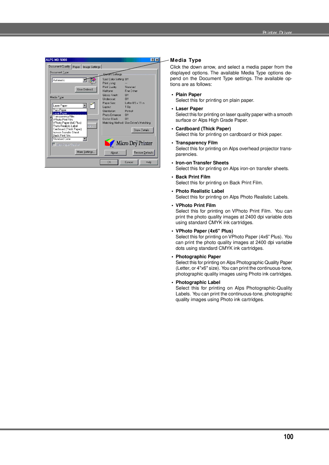 Alps Electric MD-5000P manual Media Type 