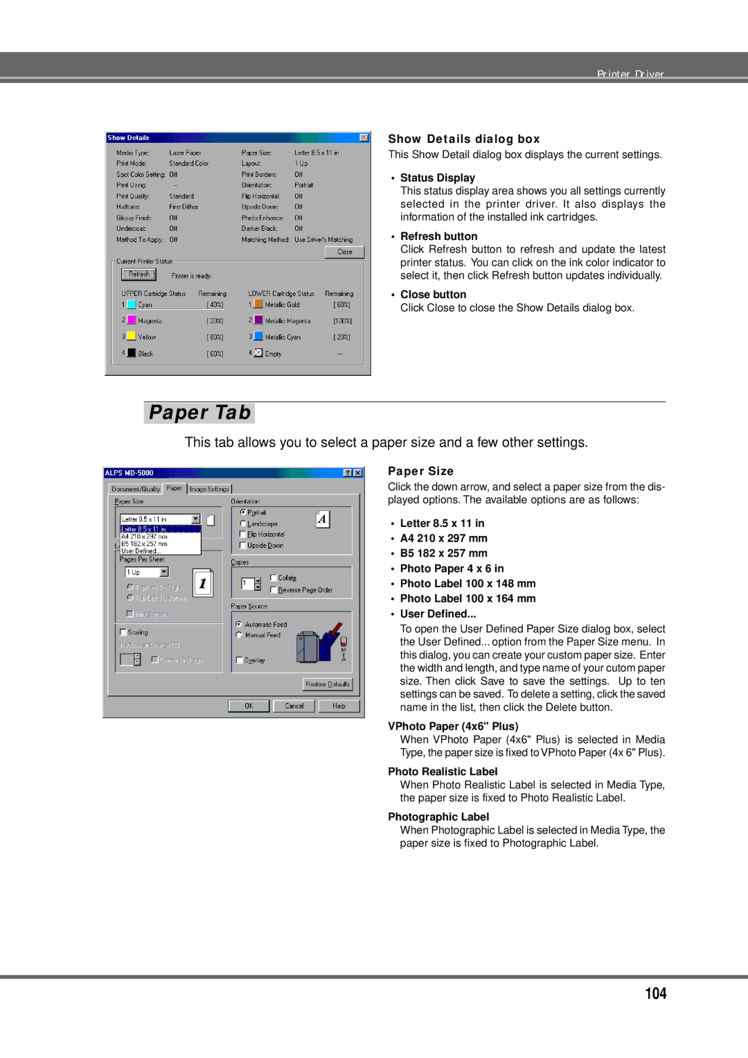 Alps Electric MD-5000P manual Show Details dialog box, Paper Size, Status Display, Refresh button, Close button 