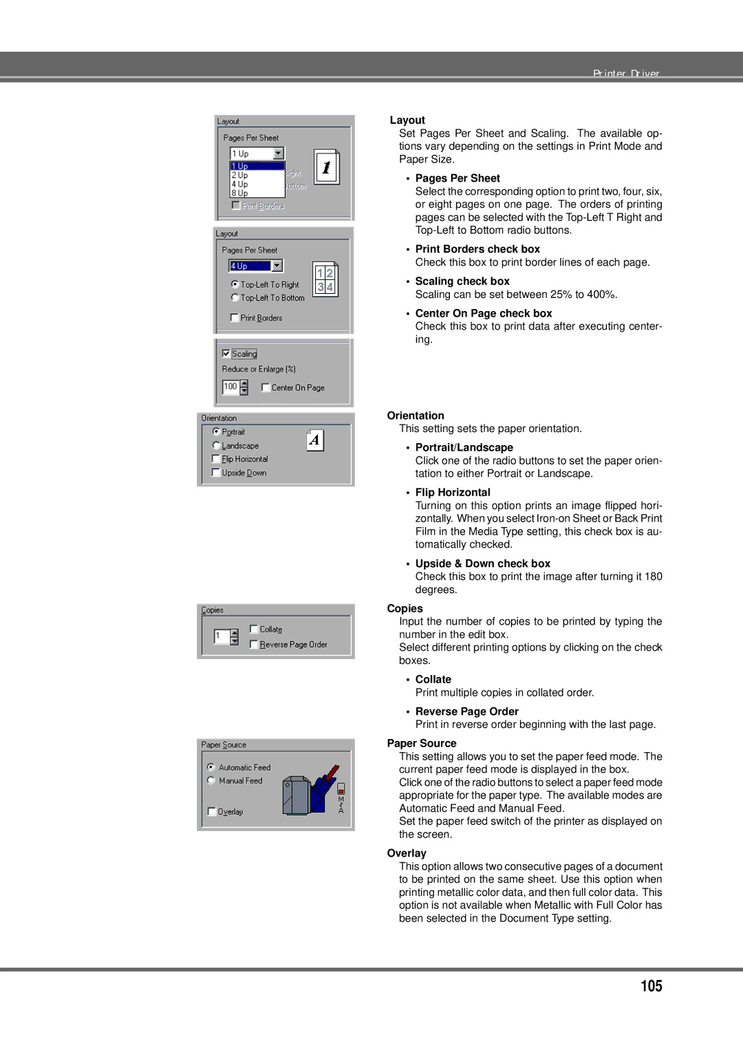 Alps Electric MD-5000P manual Layout, Pages Per Sheet, Print Borders check box, Scaling check box, Center On Page check box 