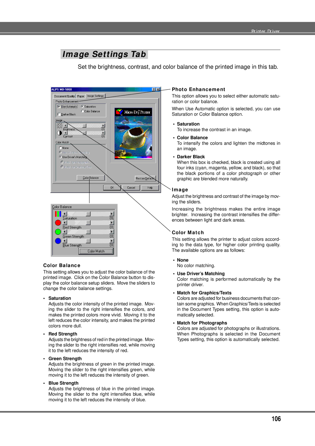 Alps Electric MD-5000P manual Color Balance, Photo Enhancement, Image, Color Match 