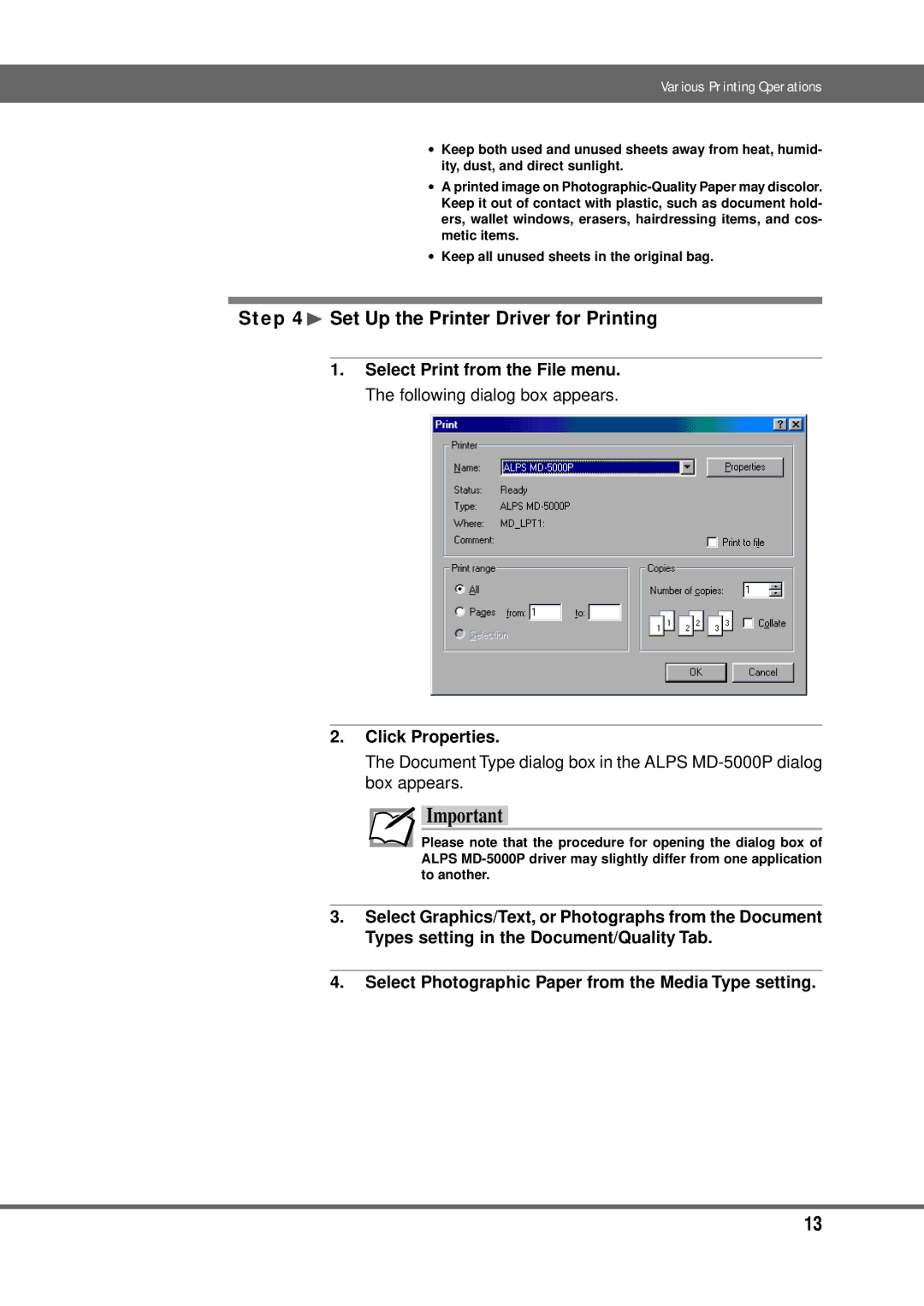 Alps Electric MD-5000P manual ¨ Set Up the Printer Driver for Printing 