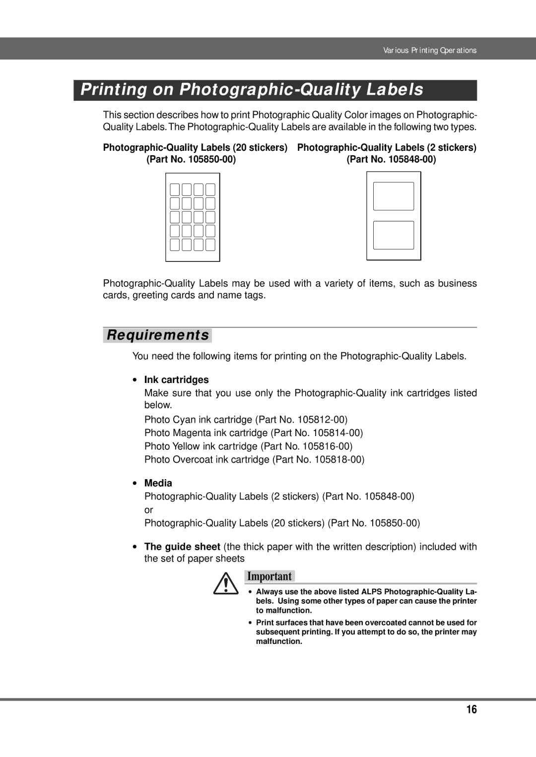 Alps Electric MD-5000P manual Printing on Photographic-Quality Labels, ∙ Ink cartridges 