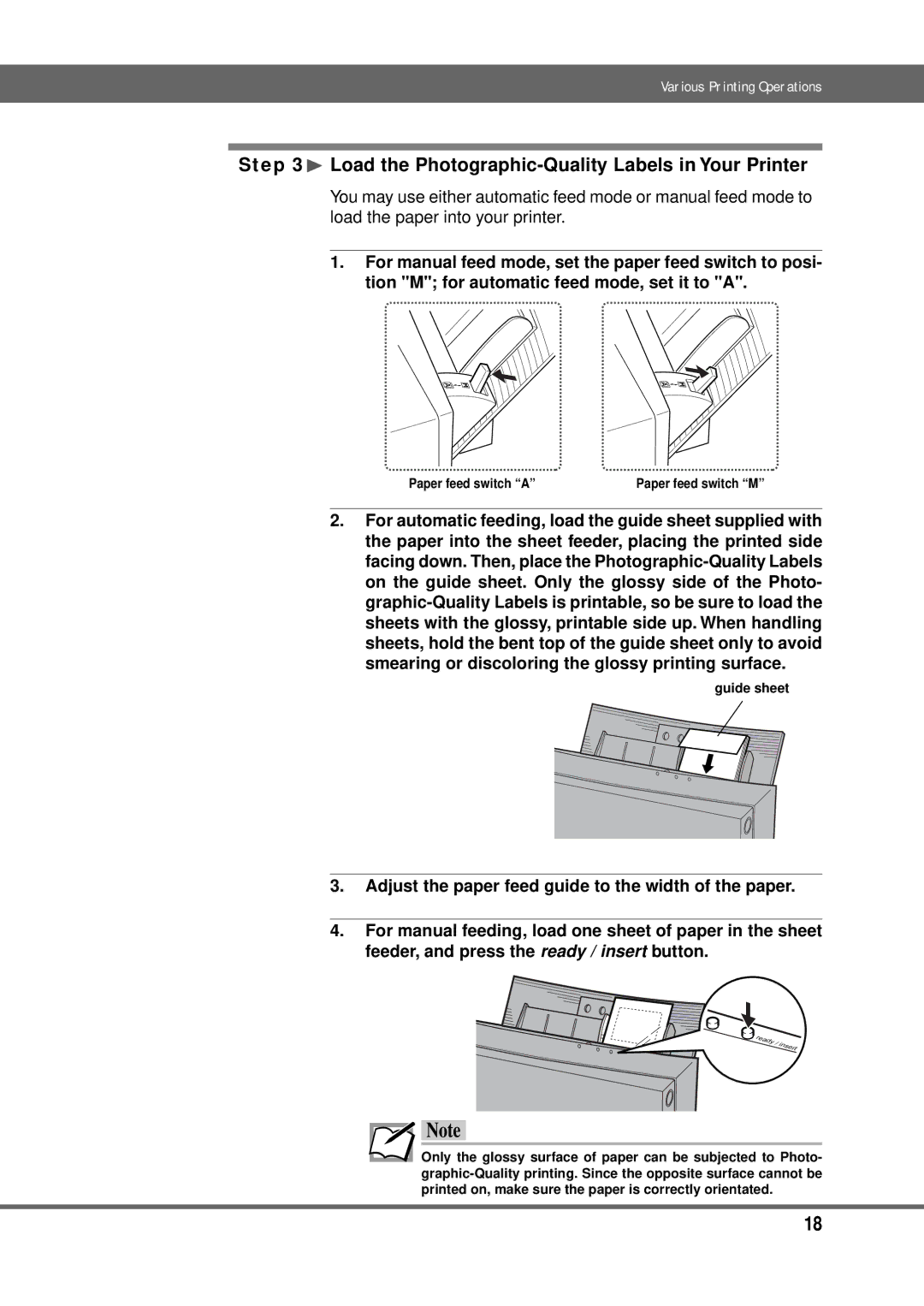 Alps Electric MD-5000P manual ¨ Load the Photographic-Quality Labels in Your Printer, Paper feed switch a 