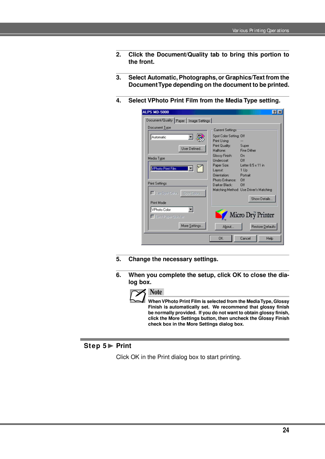 Alps Electric MD-5000P manual Click OK in the Print dialog box to start printing 