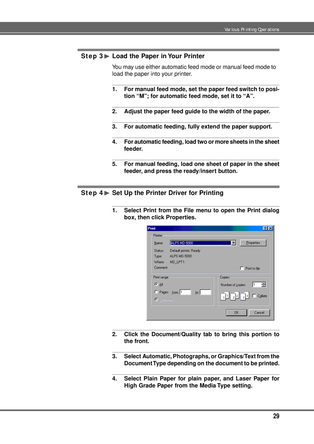 Alps Electric MD-5000P manual ¨ Load the Paper in Your Printer, ¨ Set Up the Printer Driver for Printing 