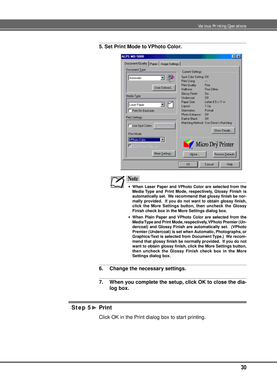 Alps Electric MD-5000P manual ¨ Print, Set Print Mode to VPhoto Color 