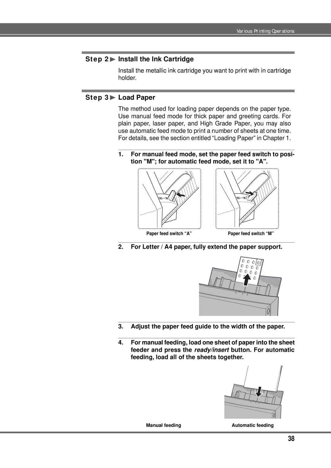 Alps Electric MD-5000P manual ¨ Install the Ink Cartridge, ¨ Load Paper, Manual feeding 