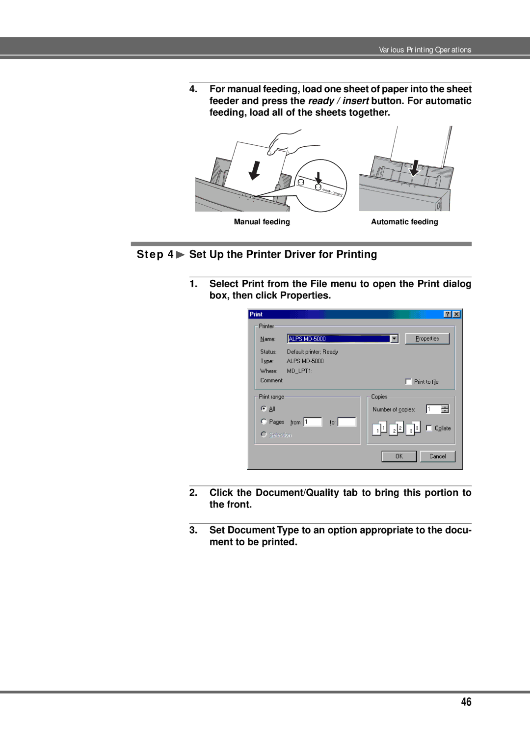 Alps Electric MD-5000P manual ¨ Set Up the Printer Driver for Printing 