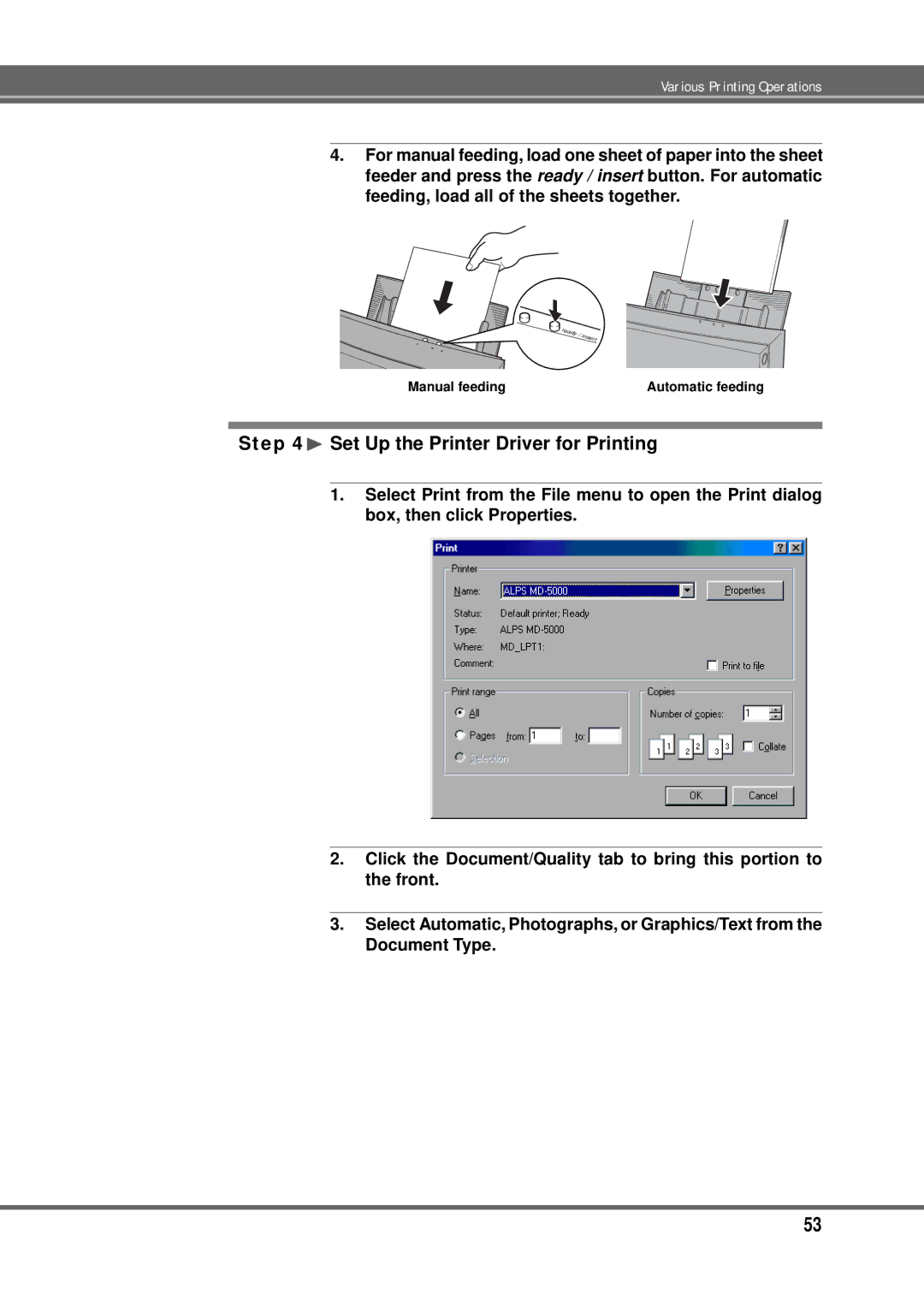 Alps Electric MD-5000P manual ¨ Set Up the Printer Driver for Printing 