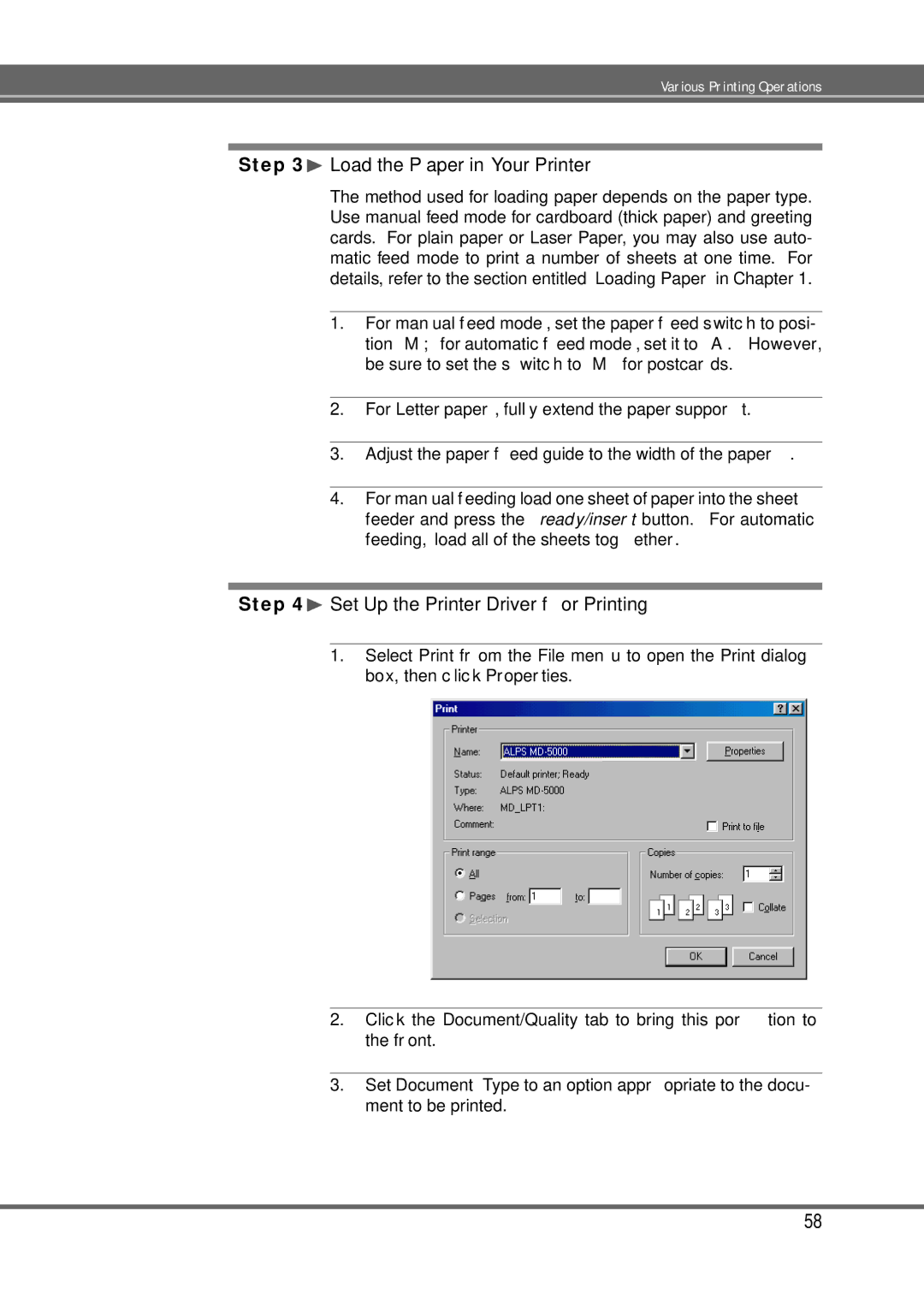 Alps Electric MD-5000P ¨ Load the Paper in Your Printer, For manual feed mode, set the paper feed switch to posi 