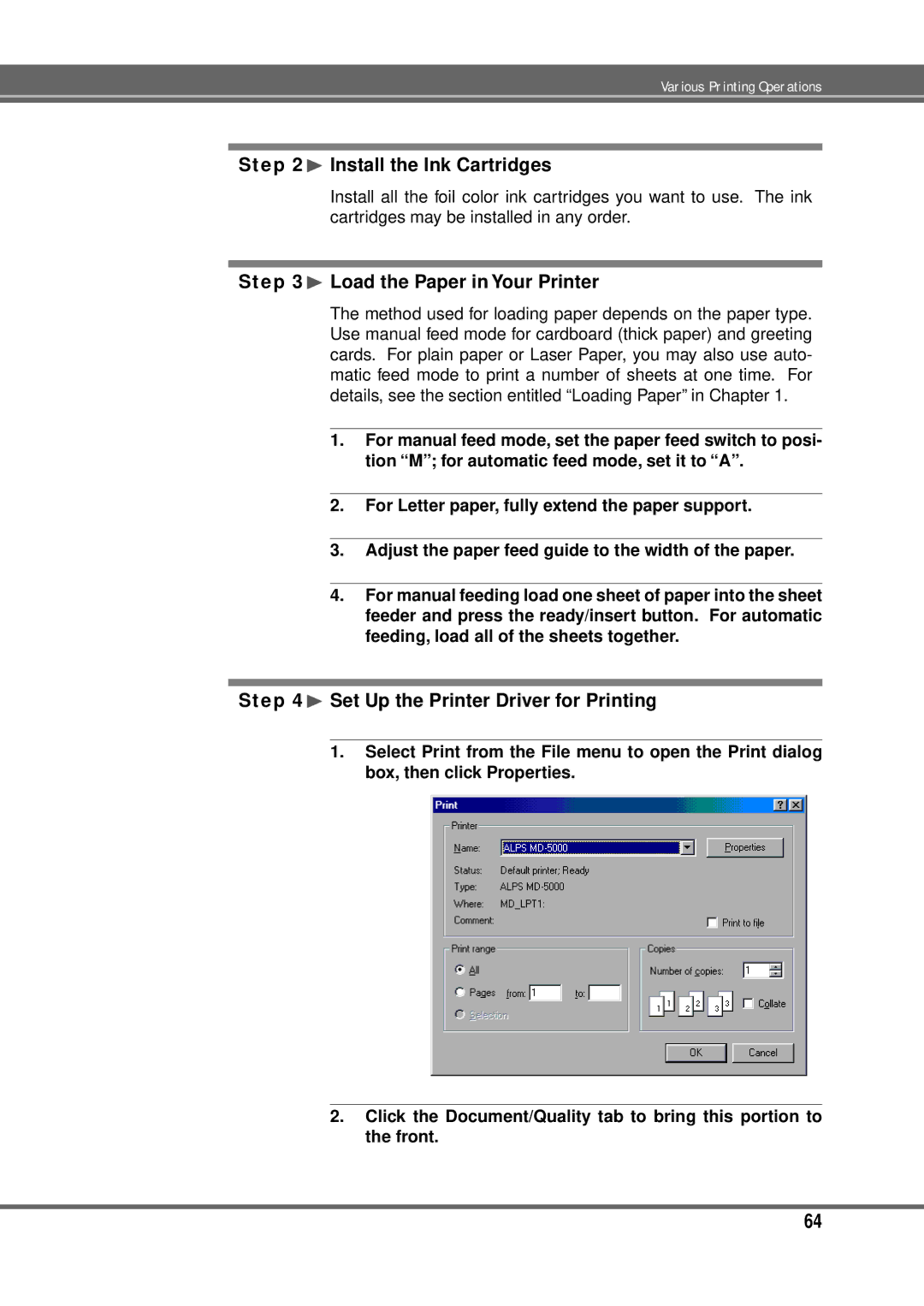 Alps Electric MD-5000P manual ¨ Install the Ink Cartridges 