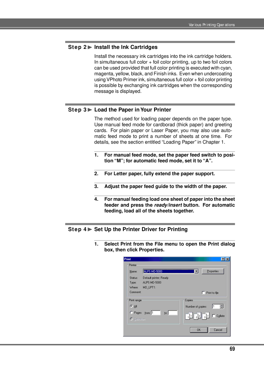 Alps Electric MD-5000P manual ¨ Install the Ink Cartridges 