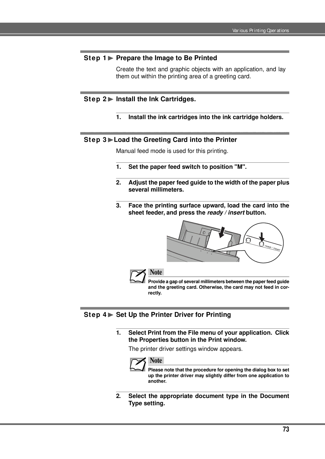 Alps Electric MD-5000P ¨Load the Greeting Card into the Printer, Install the ink cartridges into the ink cartridge holders 