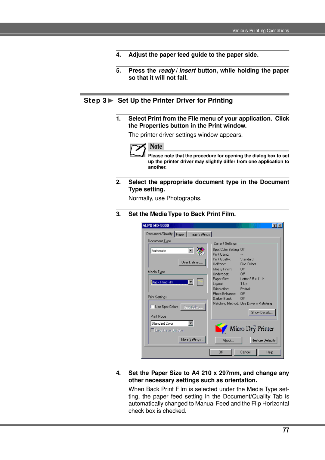 Alps Electric MD-5000P manual Normally, use Photographs 