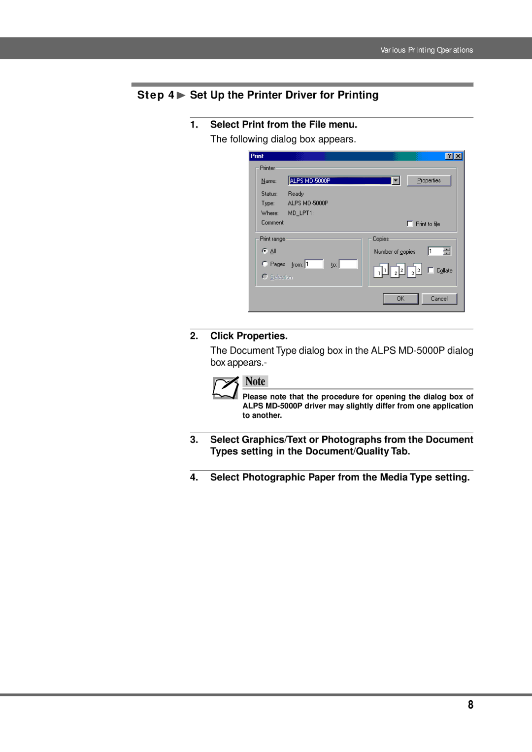 Alps Electric MD-5000P manual ¨ Set Up the Printer Driver for Printing, Click Properties 