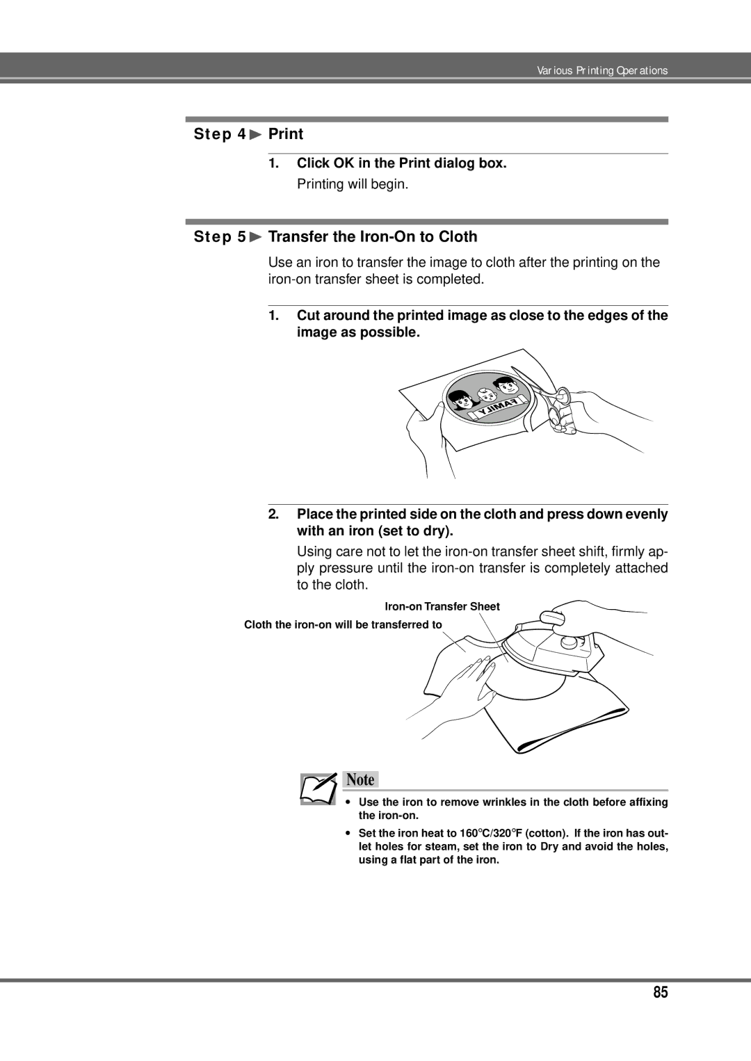 Alps Electric MD-5000P manual ¨ Print, ¨ Transfer the Iron-On to Cloth 