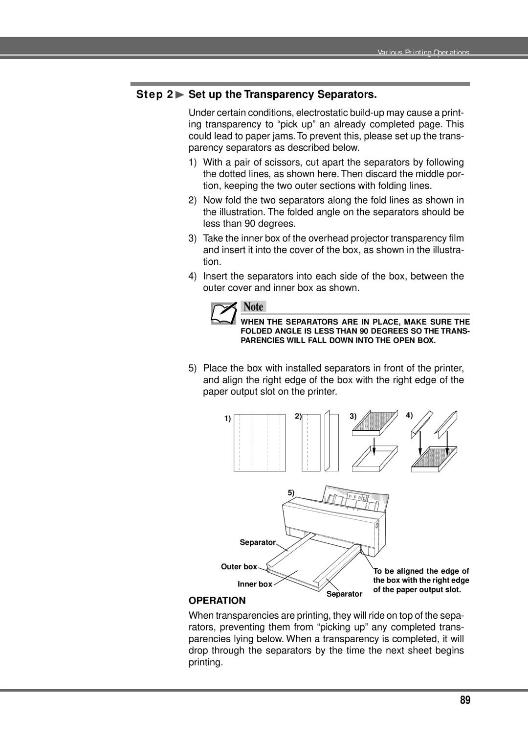 Alps Electric MD-5000P manual ¨ Set up the Transparency Separators, Separator Outer box To be aligned the edge Inner box 