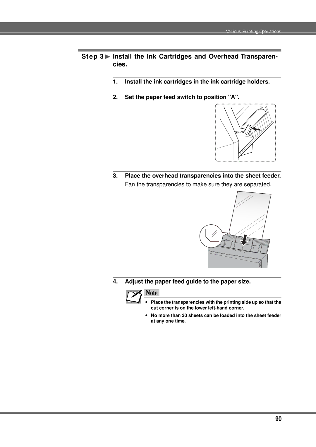 Alps Electric MD-5000P manual ¨ Install the Ink Cartridges and Overhead Transparen- cies 